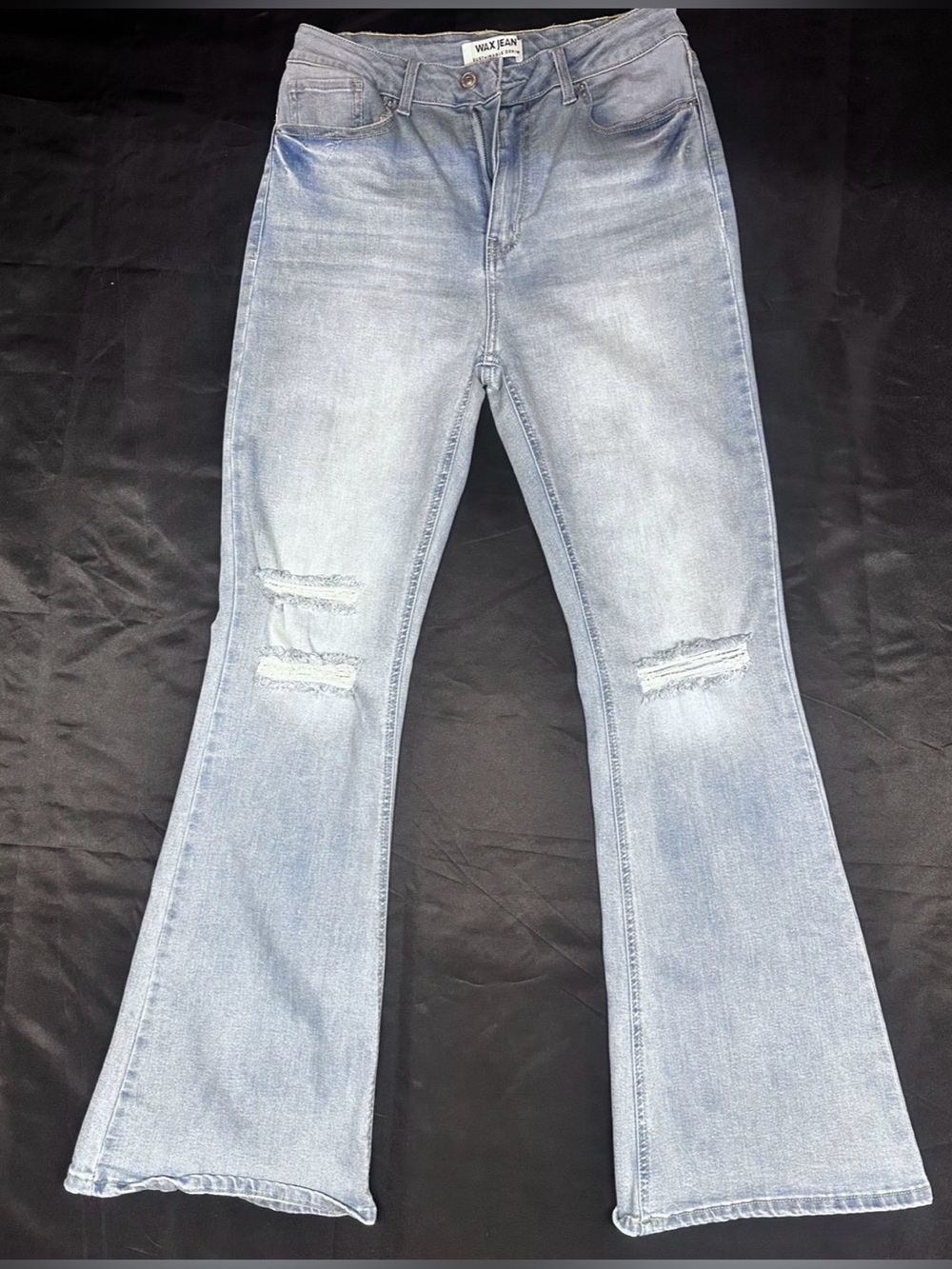 #502 
Wax Jean Light Blue Distressed Flare Jeans